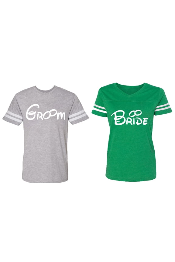 Groom & Bride Matching Couple Cotton Jerseys (Men Heather / Women Green) (Men XXL / Women S)