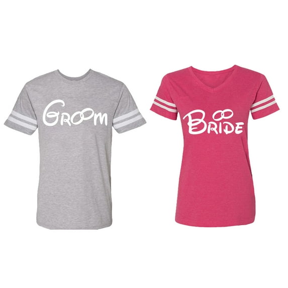 Groom & Bride Matching Couple Cotton Jerseys (Men Heather / Women Pink) (Men L / Women XL)