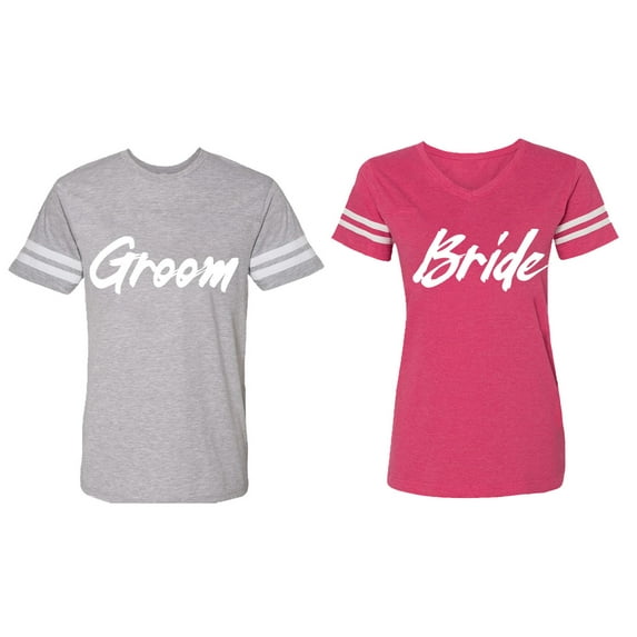 Groom Bride Matching Couple Cotton Jerseys (Men Heather / Women Pink) (Men XXL / Women S)