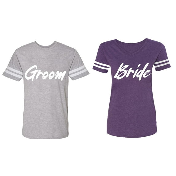 Groom Bride Matching Couple Cotton Jerseys (Men Heather / Women Purple) (Men XL / Women S)