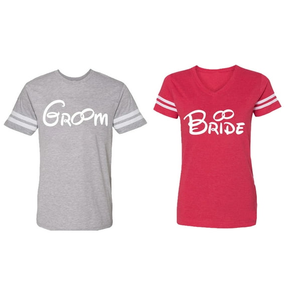 Groom & Bride Matching Couple Cotton Jerseys (Men Heather / Women Red) (Men S / Women M)