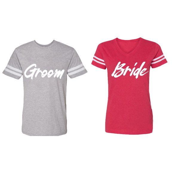 Groom Bride Matching Couple Cotton Jerseys (Men Heather / Women Red) (Men S / Women XL)