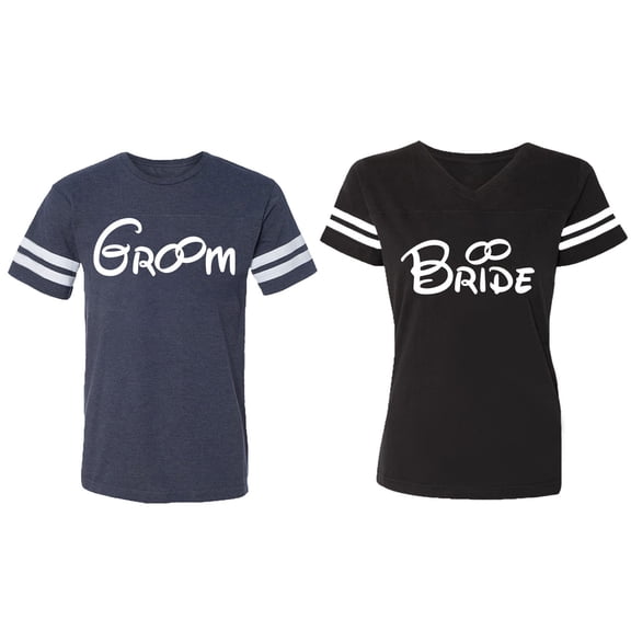 Groom & Bride Matching Couple Cotton Jerseys (Men Navy / Women Black) (Men S / Women S)