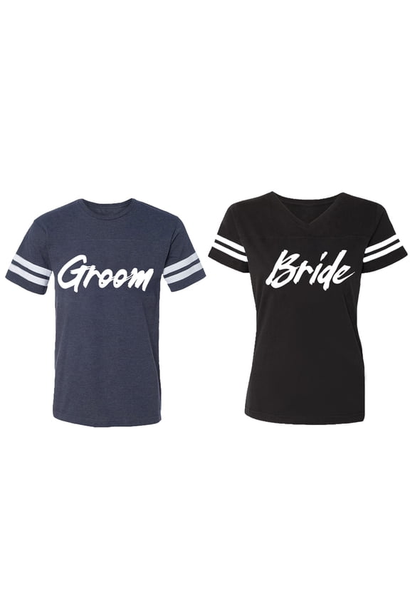 Groom Bride Matching Couple Cotton Jerseys (Men Navy / Women Black) (Men S / Women S)