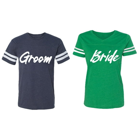 Groom Bride Matching Couple Cotton Jerseys (Men Navy / Women Green) (Men L / Women XXL)