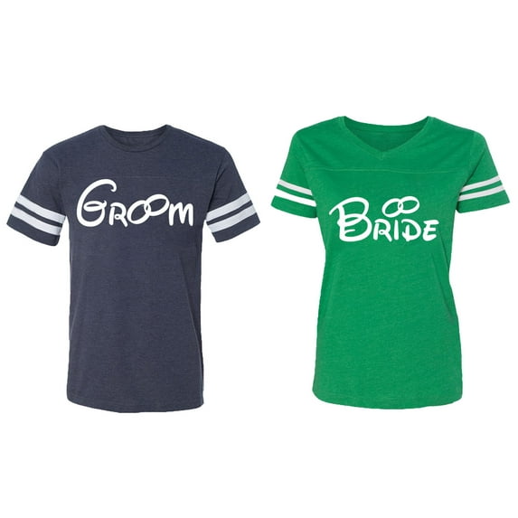 Groom & Bride Matching Couple Cotton Jerseys (Men Navy / Women Green) (Men M / Women M)