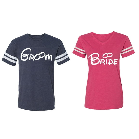 Groom & Bride Matching Couple Cotton Jerseys (Men Navy / Women Pink) (Men L / Women M)