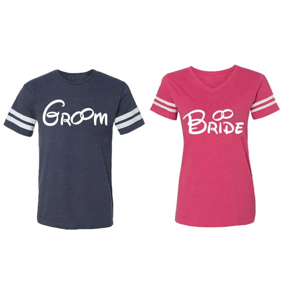 Groom & Bride Matching Couple Cotton Jerseys (Men Navy / Women Pink) (Men L / Women S)