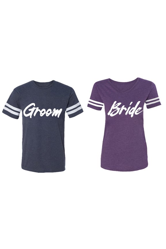 Groom Bride Matching Couple Cotton Jerseys (Men Navy / Women Purple) (Men L / Women L)