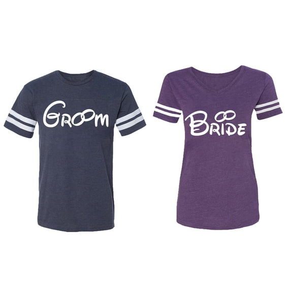Groom & Bride Matching Couple Cotton Jerseys (Men Navy / Women Purple) (Men M / Women XXL)