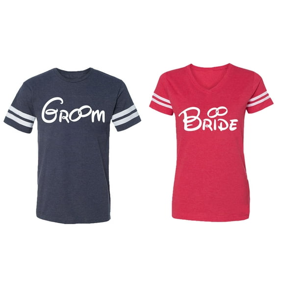 Groom & Bride Matching Couple Cotton Jerseys (Men Navy / Women Red) (Men L / Women XXL)