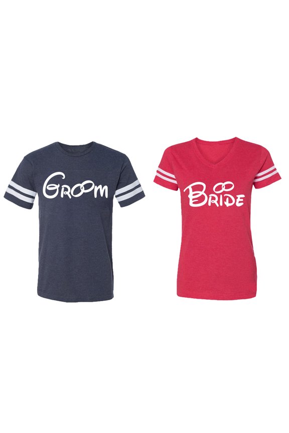 Groom & Bride Matching Couple Cotton Jerseys (Men Navy / Women Red) (Men XL / Women XL)