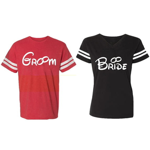 Groom & Bride Matching Couple Cotton Jerseys (Men Red / Women Black) (Men XXL / Women L)