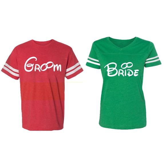 Groom & Bride Matching Couple Cotton Jerseys (Men Red / Women Green) (Men S / Women M)