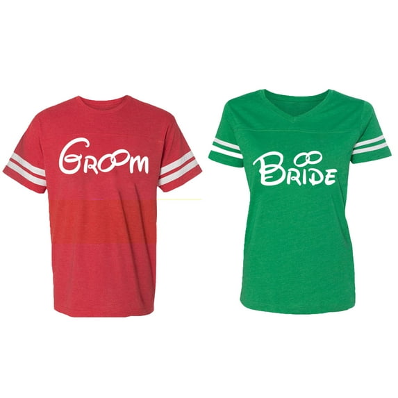 Groom & Bride Matching Couple Cotton Jerseys (Men Red / Women Green) (Men XL / Women S)