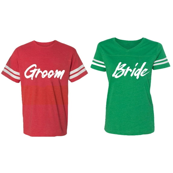 Groom Bride Matching Couple Cotton Jerseys (Men Red / Women Green) (Men XXL / Women XL)