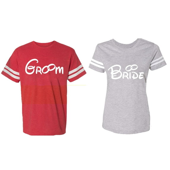Groom & Bride Matching Couple Cotton Jerseys (Men Red / Women Heather) (Men XL / Women L)
