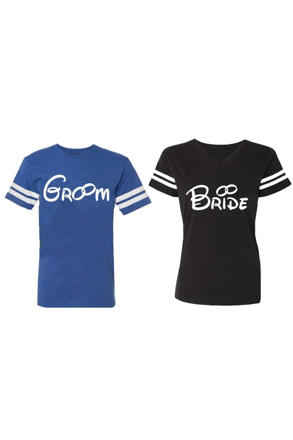 Groom & Bride Matching Couple Cotton Jerseys (Men Royal / Women Black) (Men S / Women S)