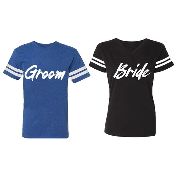 Groom Bride Matching Couple Cotton Jerseys (Men Royal / Women Black) (Men S / Women S)