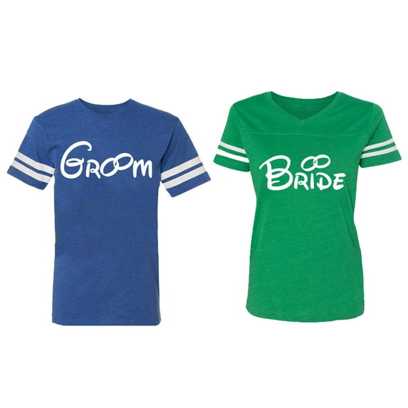 Groom & Bride Matching Couple Cotton Jerseys (Men Royal / Women Green) (Men XL / Women S)