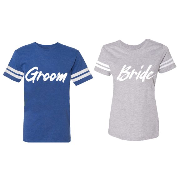 Groom Bride Matching Couple Cotton Jerseys (Men Royal / Women Heather) (Men L / Women XXL)