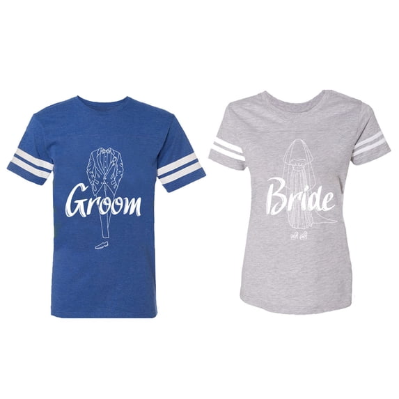 Groom Bride Matching Couple Cotton Jerseys (Men Royal / Women Heather) (Men XL / Women XXL)