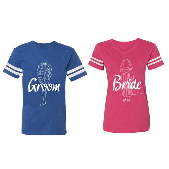 Groom Bride Matching Couple Cotton Jerseys (Men Royal / Women Pink) (Men L / Women M)