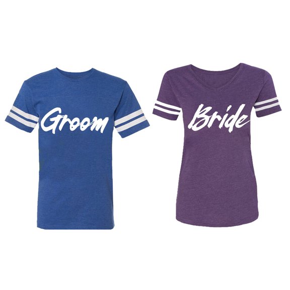 Groom Bride Matching Couple Cotton Jerseys (Men Royal / Women Purple) (Men XL / Women S)
