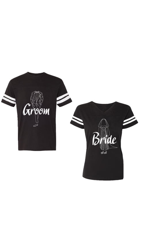 Groom Bride Unisex Couple Matching Cotton Jersey style T-Shirt Contrasting stripes on sleeves (Men Black / Women Black) (Men L / Women L)