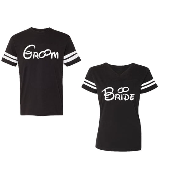 Groom & Bride Unisex Couple Matching Cotton Jersey style T-Shirt Contrasting stripes on sleeves (Men Black / Women Black) (Men M / Women XXL)
