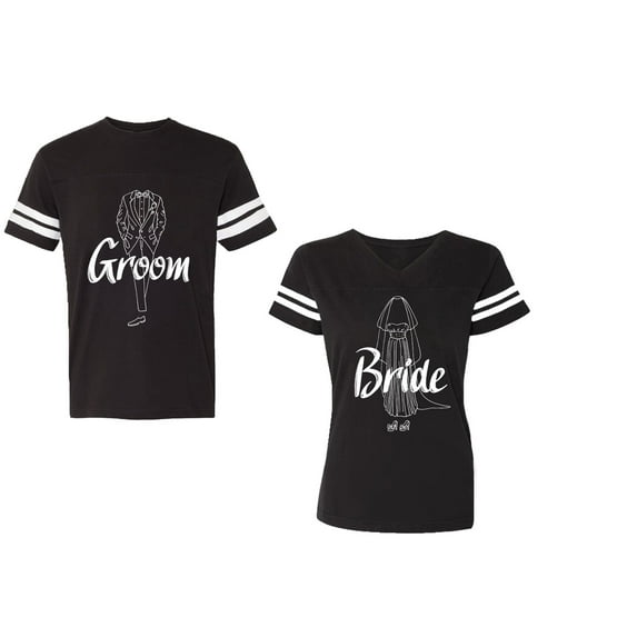 Groom Bride Unisex Couple Matching Cotton Jersey style T-Shirt Contrasting stripes on sleeves (Men Black / Women Black) (Men S / Women M)