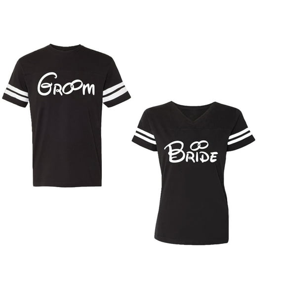 Groom & Bride Unisex Couple Matching Cotton Jersey style T-Shirt Contrasting stripes on sleeves (Men Black / Women Black) (Men S / Women S)