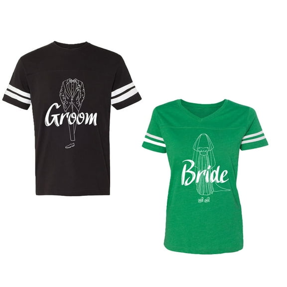 Groom Bride Unisex Couple Matching Cotton Jersey style T-Shirt Contrasting stripes on sleeves (Men Black / Women Green) (Men M / Women XL)