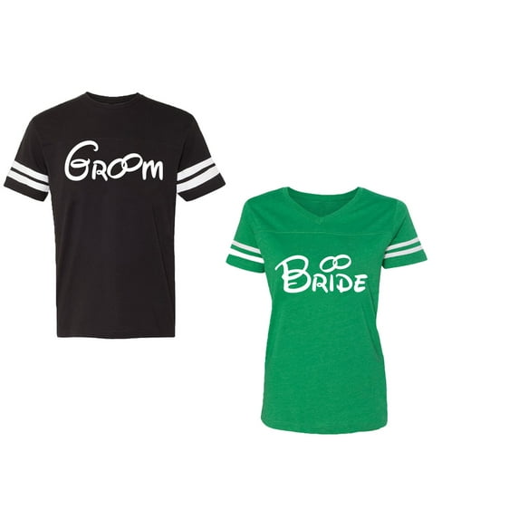 Groom & Bride Unisex Couple Matching Cotton Jersey style T-Shirt Contrasting stripes on sleeves (Men Black / Women Green) (Men XL / Women XL)