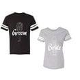 thumbnail image 1 of Groom Bride Unisex Couple Matching Cotton Jersey style T-Shirt Contrasting stripes on sleeves (Men Black / Women Heather) (Men L / Women XL), 1 of 3
