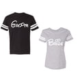 thumbnail image 1 of Groom & Bride Unisex Couple Matching Cotton Jersey style T-Shirt Contrasting stripes on sleeves (Men Black / Women Heather) (Men XXL / Women XXL), 1 of 3