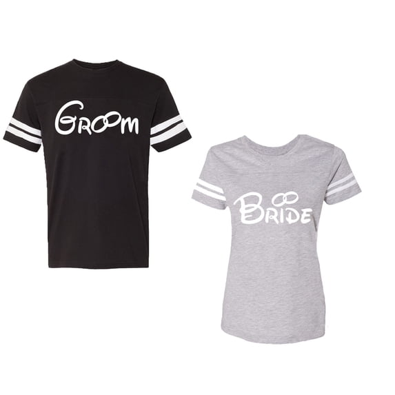 Groom & Bride Unisex Couple Matching Cotton Jersey style T-Shirt Contrasting stripes on sleeves (Men Black / Women Heather) (Men XXL / Women XXL)