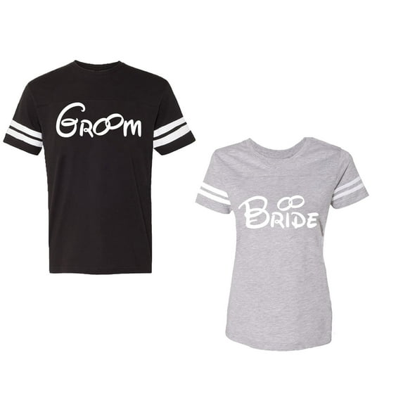 Groom & Bride Unisex Couple Matching Cotton Jersey style T-Shirt Contrasting stripes on sleeves (Men Black / Women Heather) (Men XXXL / Women XXL)