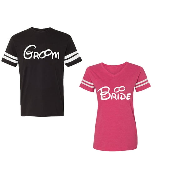 Groom & Bride Unisex Couple Matching Cotton Jersey style T-Shirt Contrasting stripes on sleeves (Men Black / Women Pink) (Men L / Women S)