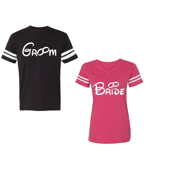 Groom & Bride Unisex Couple Matching Cotton Jersey style T-Shirt Contrasting stripes on sleeves (Men Black / Women Pink) (Men L / Women XL)