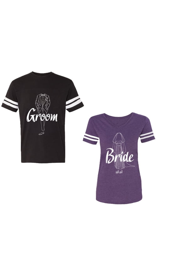 Groom Bride Unisex Couple Matching Cotton Jersey style T-Shirt Contrasting stripes on sleeves (Men Black / Women Purple) (Men L / Women XXL)