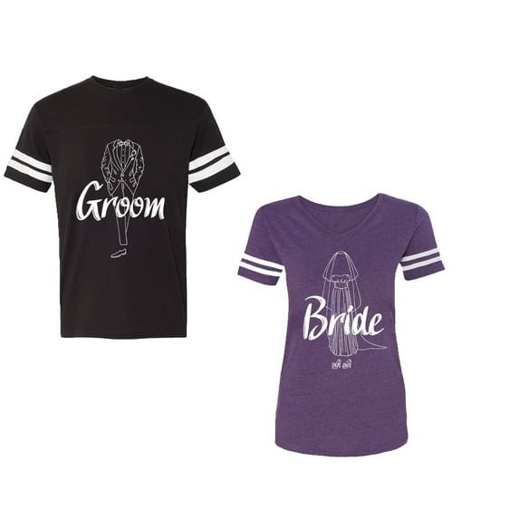 Groom Bride Unisex Couple Matching Cotton Jersey style T-Shirt Contrasting stripes on sleeves (Men Black / Women Purple) (Men S / Women L)