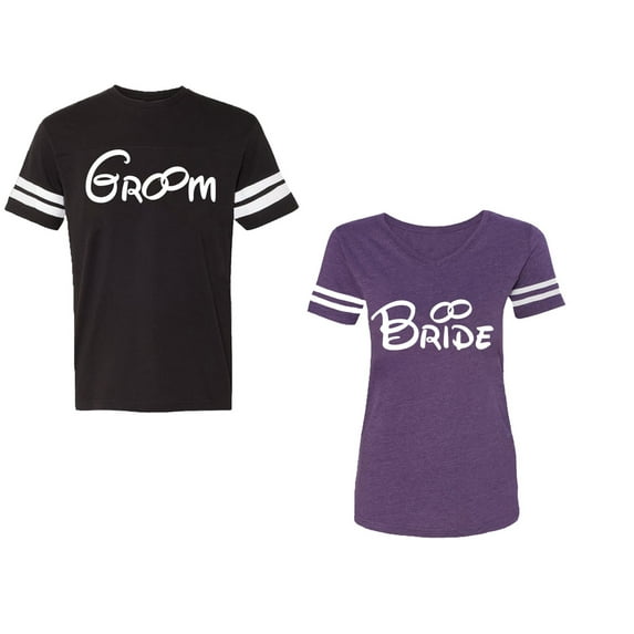 Groom & Bride Unisex Couple Matching Cotton Jersey style T-Shirt Contrasting stripes on sleeves (Men Black / Women Purple) (Men XL / Women XXL)