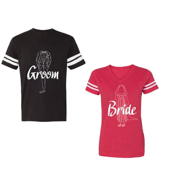 Groom Bride Unisex Couple Matching Cotton Jersey style T-Shirt Contrasting stripes on sleeves (Men Black / Women Red) (Men M / Women XXL)