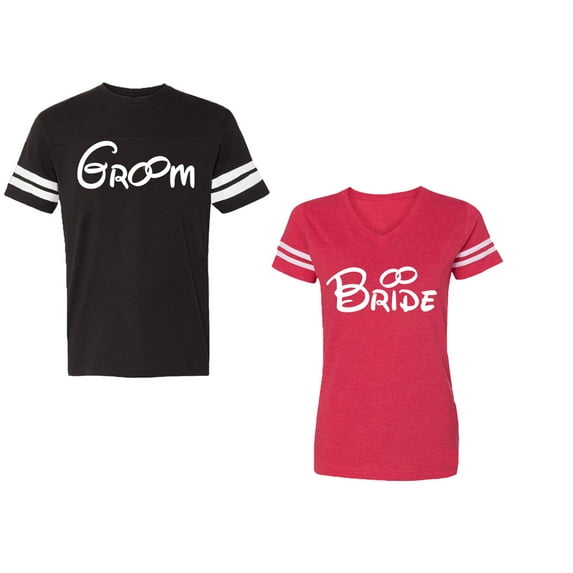 Groom & Bride Unisex Couple Matching Cotton Jersey style T-Shirt Contrasting stripes on sleeves (Men Black / Women Red) (Men S / Women XXL)