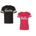 thumbnail image 1 of Groom & Bride Unisex Couple Matching Cotton Jersey style T-Shirt Contrasting stripes on sleeves (Men Black / Women Red) (Men XXL / Women L), 1 of 3