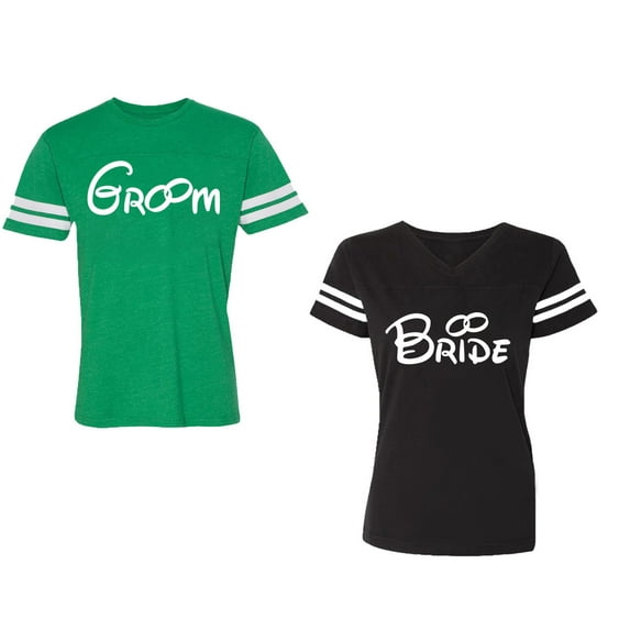 Groom & Bride Unisex Couple Matching Cotton Jersey style T-Shirt Contrasting stripes on sleeves (Men Green / Women Black) (Men S / Women XXL)