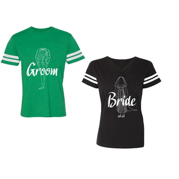 Groom Bride Unisex Couple Matching Cotton Jersey style T-Shirt Contrasting stripes on sleeves (Men Green / Women Black) (Men XXL / Women S)