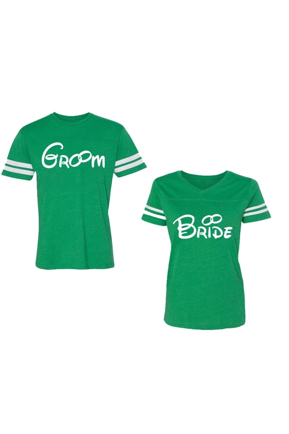 Groom & Bride Unisex Couple Matching Cotton Jersey style T-Shirt Contrasting stripes on sleeves (Men Green / Women Green) (Men L / Women L)