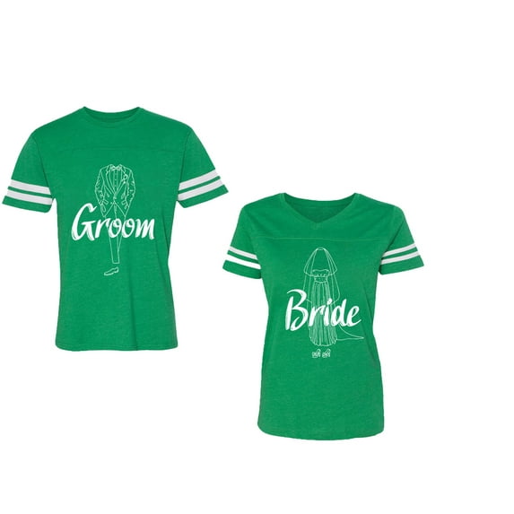 Groom Bride Unisex Couple Matching Cotton Jersey style T-Shirt Contrasting stripes on sleeves (Men Green / Women Green) (Men S / Women S)